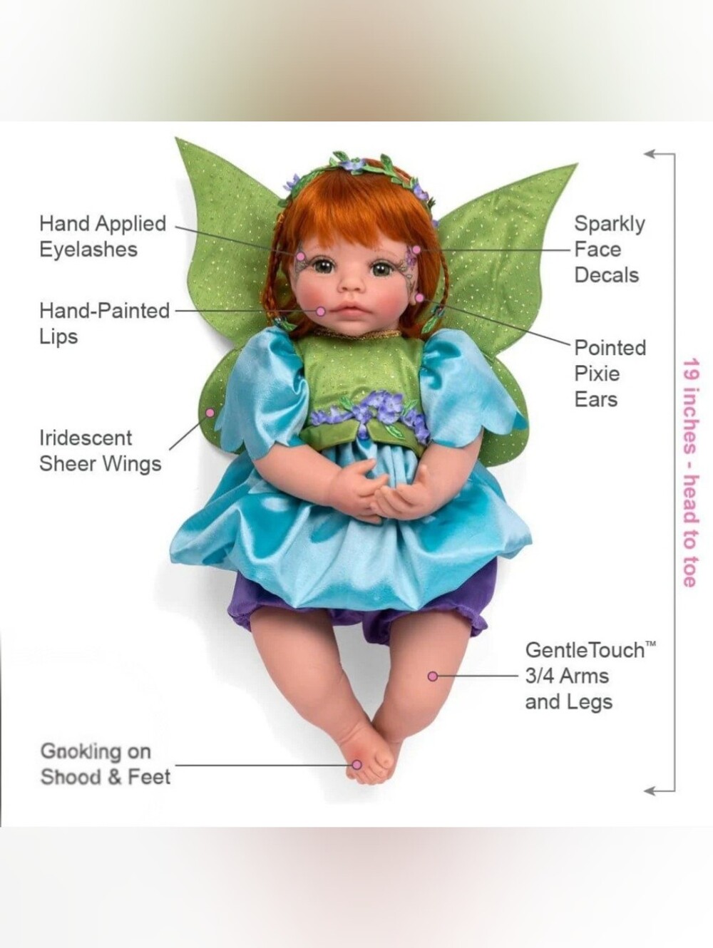 "Pixie Girl" Fairy Doll With Sparkle Wings On Blue Dress, By Paradise Gallaries - Picture 4 of 10